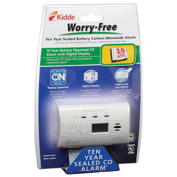 Worry-Free 10-Year Sealed Lithium Battery Operated CO Alarm with Digital Display